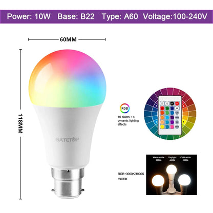 Smart RGBW LED Bulbs and Tubes Spotlight E27 GU10 E14 B22 with Infrared Remote Control for Family Party Decoration