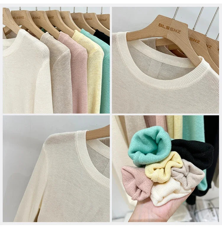 Spring  Basic O-Neck Slim T-Shirt Women Solid Multi Color All-Match Trend Casual Top Screw Knit Long Sleeve Elastic Office Lady.