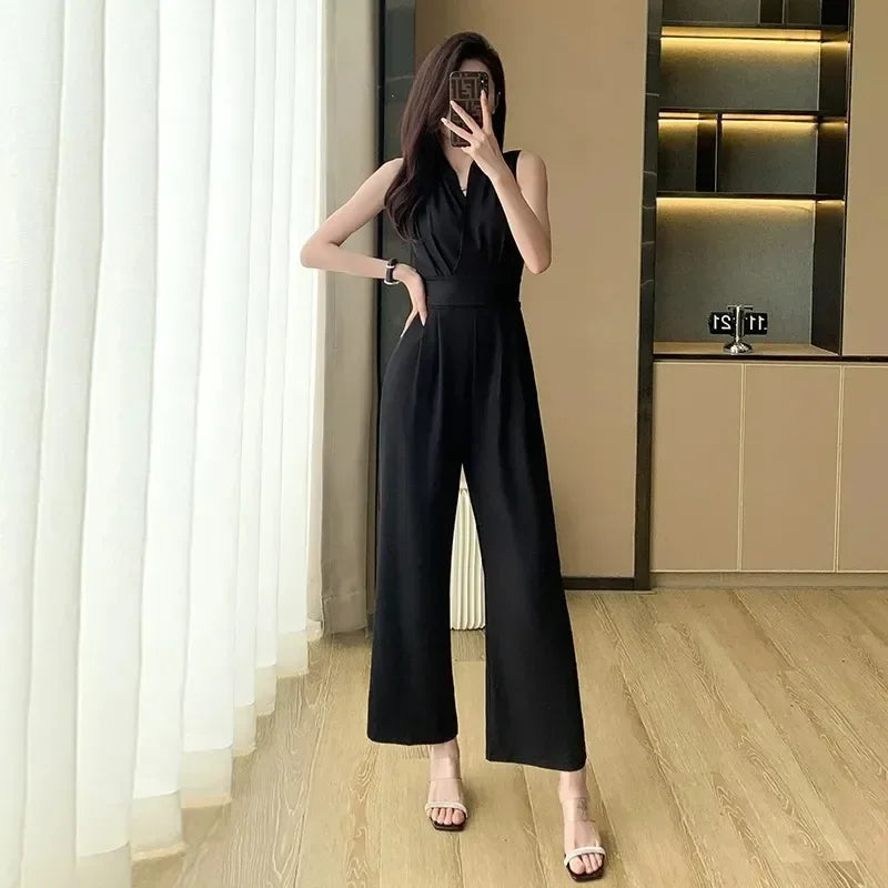 Women's Wide Leg Jumpsuit Pants 2025 Summer New Casual Straight Tube Sports Overalls V-neck Sleeveless Bodysuit For Women Romper