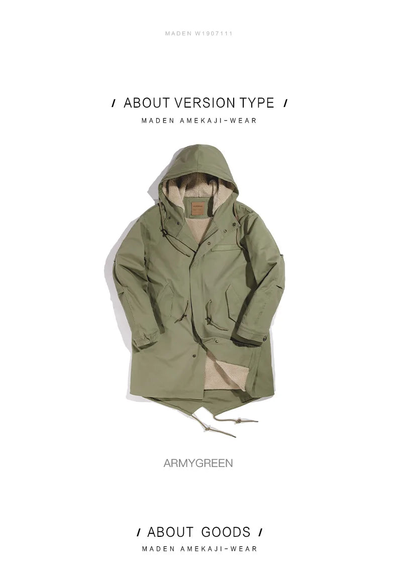 Maden Men's Thick Hooded M-51 Fishtail Cotton Coat Plus Velvet Parka Jacket Green Windbreaker Winter Autumn Men Trench Coat.