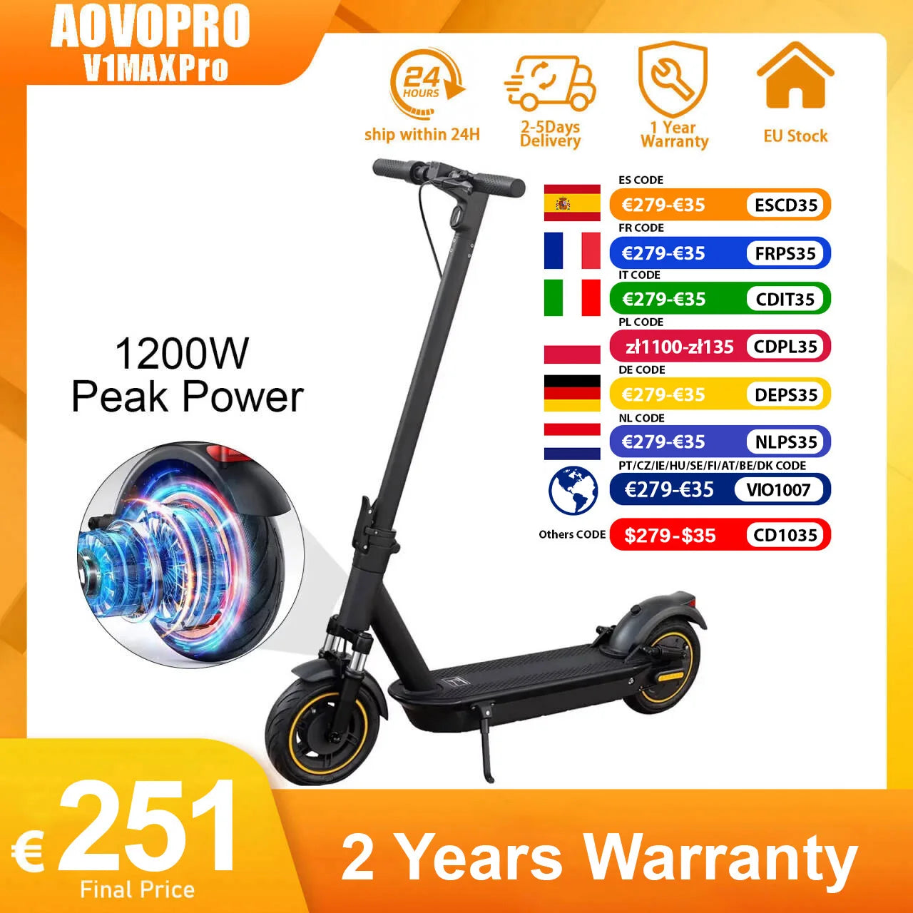 AOVOPRO V1MAX PRO 1200W Electric Scooter 45KM Max Range 35KM/H 500W Motor Power 42V14.5AH Folding Electric Scooter for Adults.