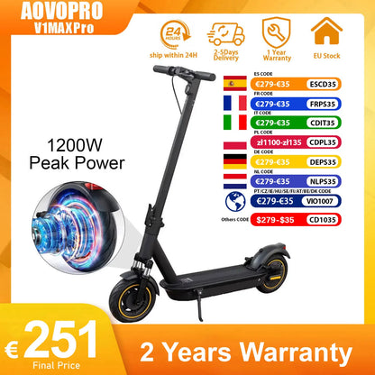 AOVOPRO V1MAX PRO 1200W Electric Scooter 45KM Max Range 35KM/H 500W Motor Power 42V14.5AH Folding Electric Scooter for Adults.