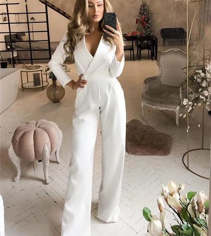 Women Jumpsuits Long Sleeve V Neck Rompers Overalls One Piece Wide Leg Pants Slight Strech Office Lady Solid New Chinese.