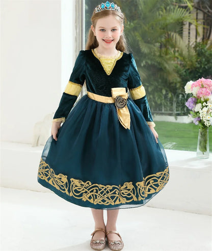 Girls Merida Cosplay Princess Dress Children Stage Performance Clothes Kids Halloween Carnival Party Long Sleeves Outfits