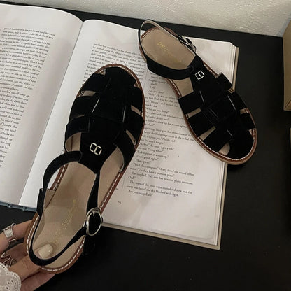 DIMANYU Women's Roman Sandals 2023 Summer New Flat Retro Real Leather Ladies Sandals Hollowed Women's Cage Shoes.