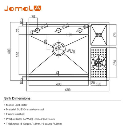 Black Concealed Kitchen Sink with Lid Stainless Steel Multifunctional Bar Built-In Vegetable Sink with Cup Wash Middle Downspout