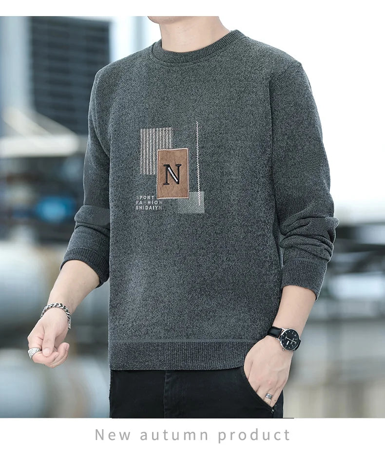 Men's Sweater Patckwork Round Neck Pullovers Fleece Lined Thick Warm Winter Knitwear Fashion Jumpers Men's Clothes.
