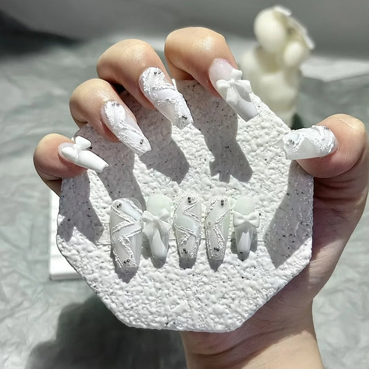 Ribbon Pearl Handmade Wearable Nail Elegant White Swan Hand-painted Embossed Nail Art White Wearable False Nails Students Gift.