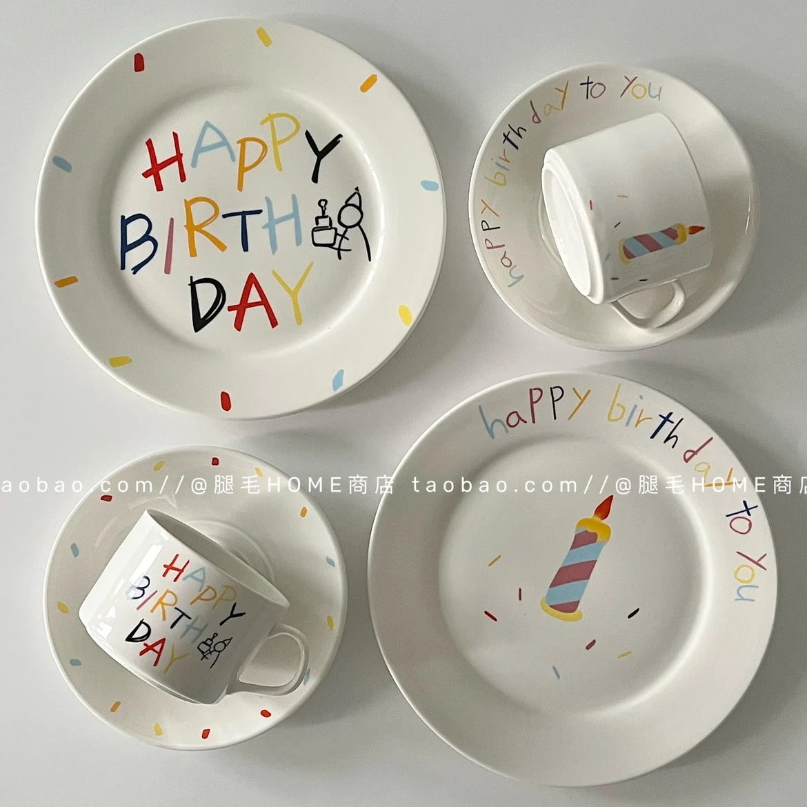 Korean Plate Designer Cute Happy Birthday Tableware Ceramic Coffee Cup Plate Dessert Cake Plate Cup Creative Birthday Gift.