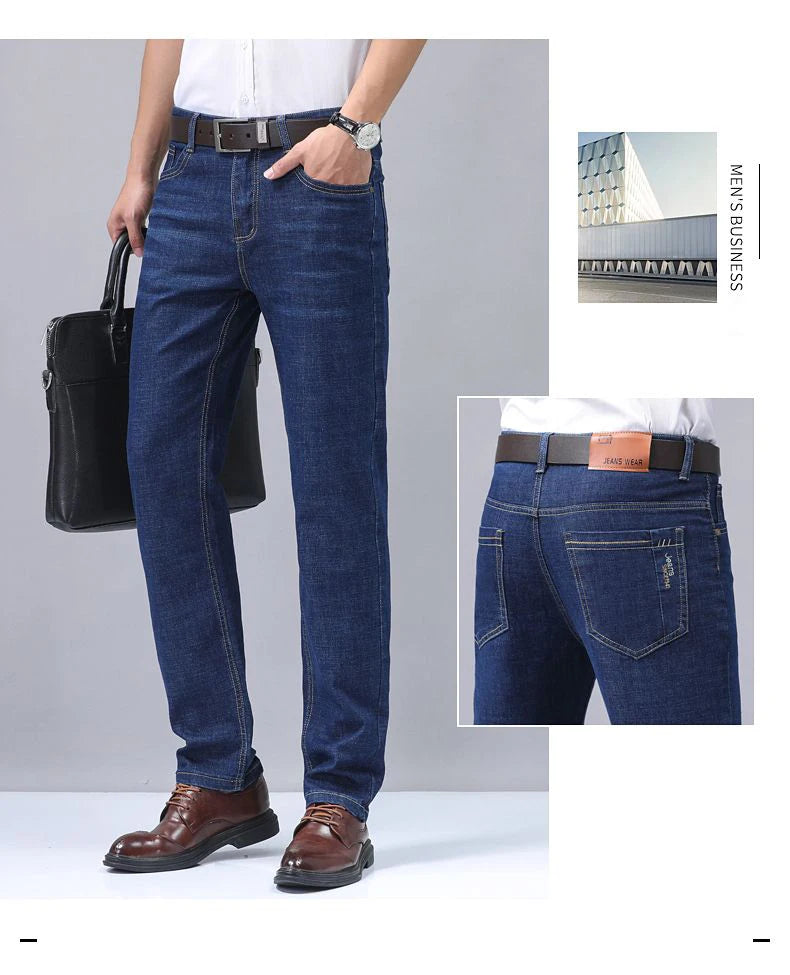 Summer Thin Men's Elastic Cotton Jeans Fashion Blue Comfortable Business Straight Casual Pants Brand Male Clothes Trousers.