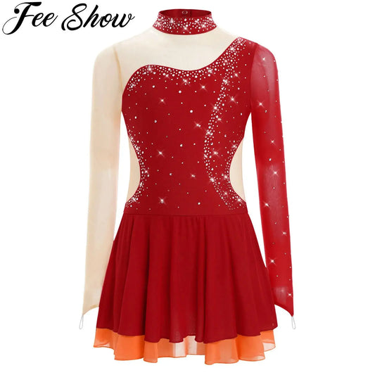 Kinder Mädchen Eiskunstlauf Kleid Lyrical Ballett Tanz Rhythmische Gymnastik Leistung Kostüm Langarm Strass Trikot