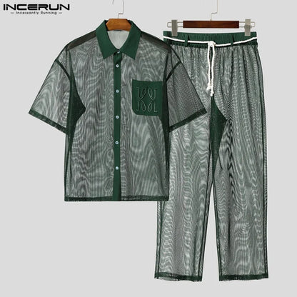 INCERUN Men Sets Mesh Patchwork See Through Sexy Short Sleeve Shirts & Pants Two Pieces Sets Streetwear 2025 Men's Casual Suits.