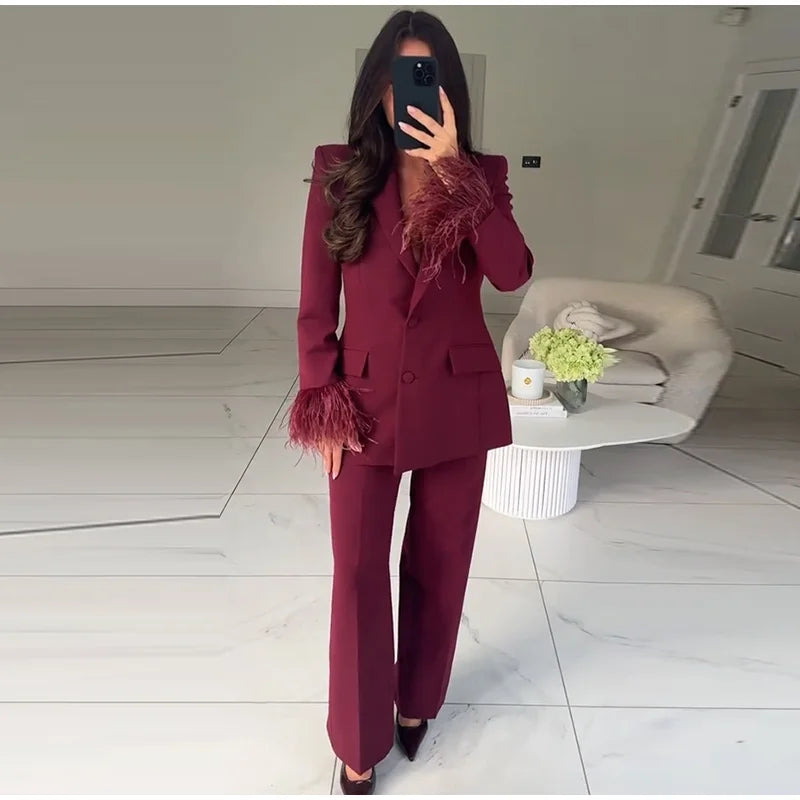 Straße frauen Feder Anzug Blazer Hosen Set Revers Schulter Pads Volle Hülse Jacken Taschen Gerade Hose 2025, Herbst dame Anzug