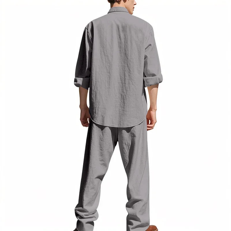 2025 Cross-border American Four Seasons Linen Men's Casual Suit Loose Long Sleeve Pants Shirt Suit Men's