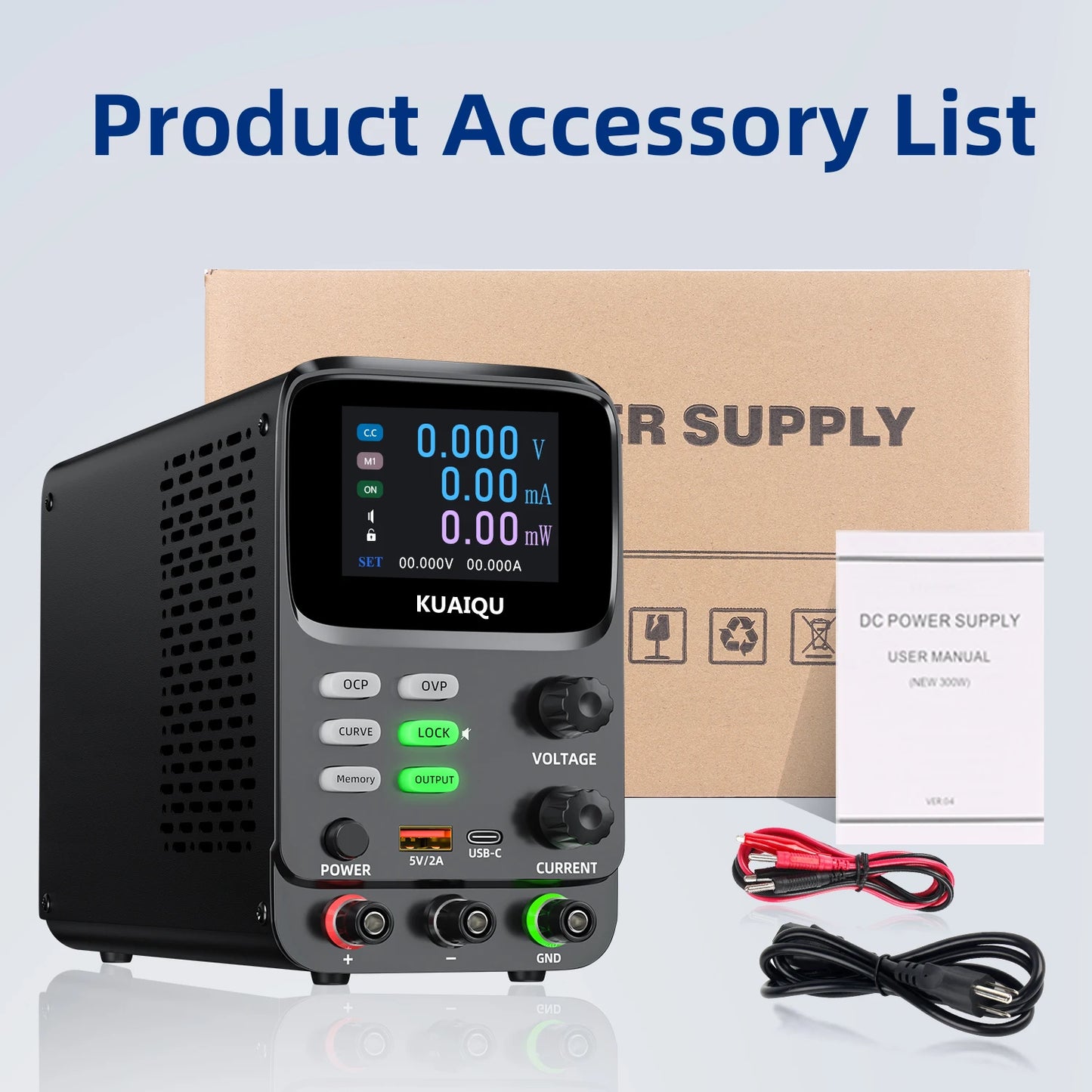 KUAIQU 5 Digits Programmable Adjustable Power Supply 30V 10A,Battery Simulation Tester,Real time Curve Display Voltage Current.