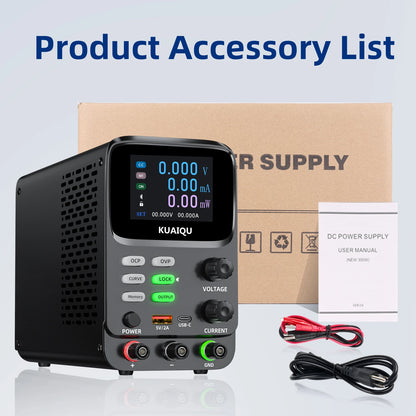 KUAIQU 5 Digits Programmable Adjustable Power Supply 30V 10A,Battery Simulation Tester,Real time Curve Display Voltage Current.