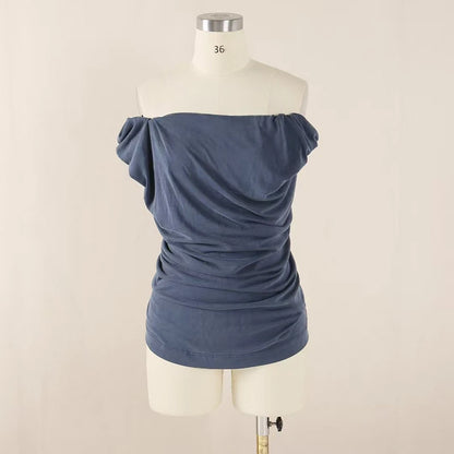 Women's Slim Top,Pleated Stretch One Shoulder Tank Top,Sexy Backless Swing Neck T-Shirt,High quality,Summer,New,2025.