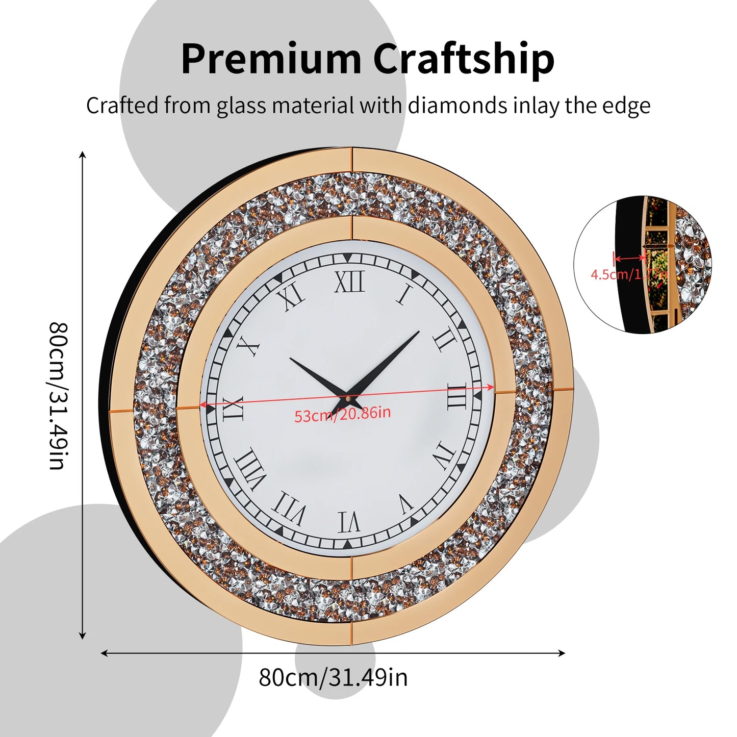 60/80CM Bling Silber Runde Spiegeluhr Glam Sparkle Twinkle Shining verspiegelte Wanduhr für Heimdekoration