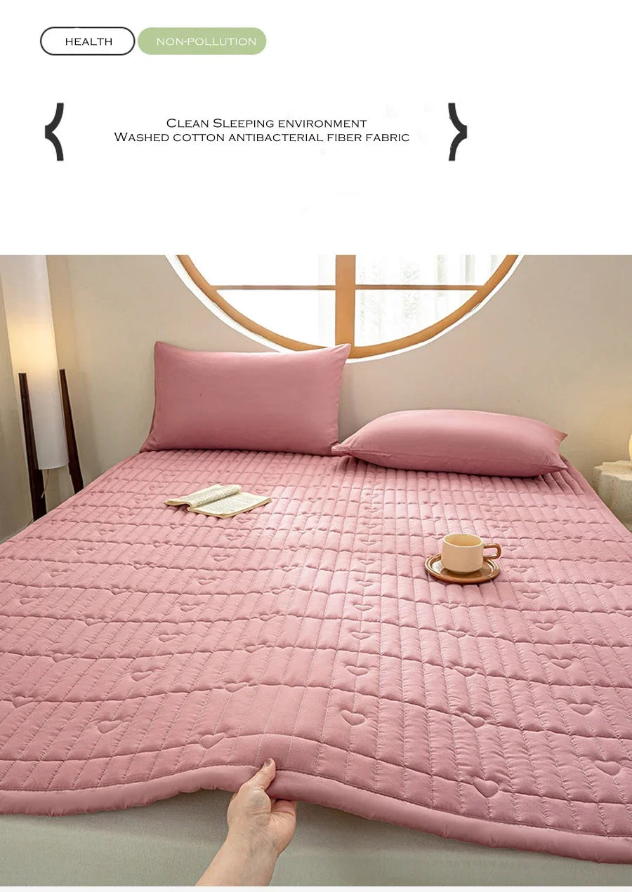 Washed cotton quilted thicken mattress pink romance heart sleeping mat 150cm bed sheet bed protection pad queen king size.