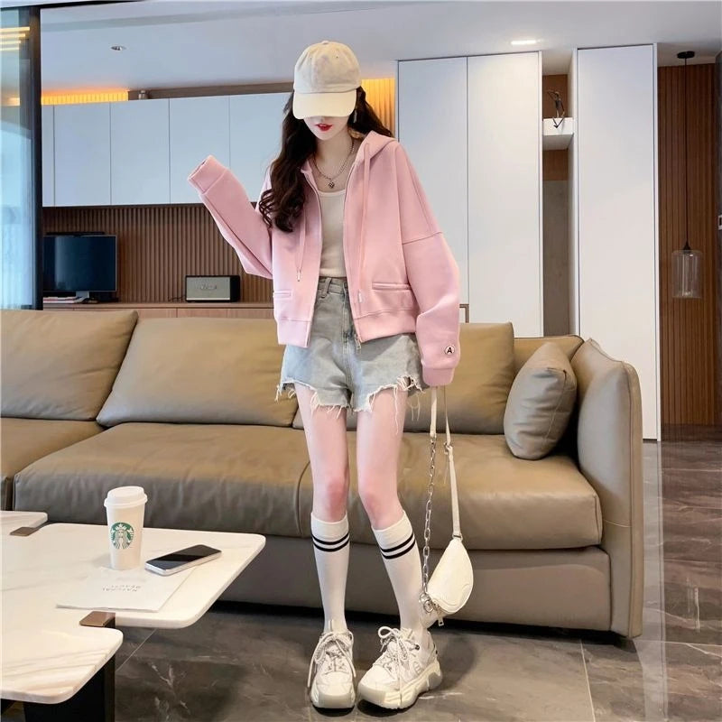 Hoodies Sweatshirt for Women Cropped Full Zip Up 2025 Trend 2000s Y2k Style Dropshiping Matching with Zipper Woman Hooded Tops.