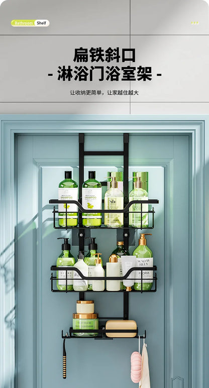 Bohrfreies Badezimmerregal über der Tür, hängender Organizer, wandmontiertes Korbregal, mehrschichtiges Duschraum-Aufbewahrungsregal für Toilette