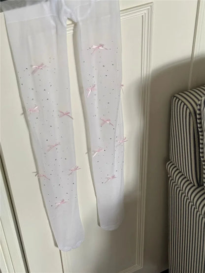 New Lolita Velvet Bowkont Embroidery Pearl Tights Pantyhose Flash Diamond Women Tight JK Style Sweet Girls Kawaii Cute Stockings