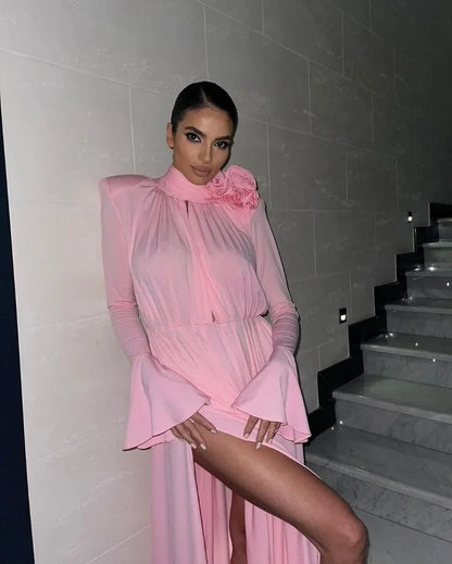 Elegante Y2K Mode Lange Flare Hülse V-ausschnitt Floral Schlitz Party Abendkleid Robe Vintage Frauen Falten Langes Kleid