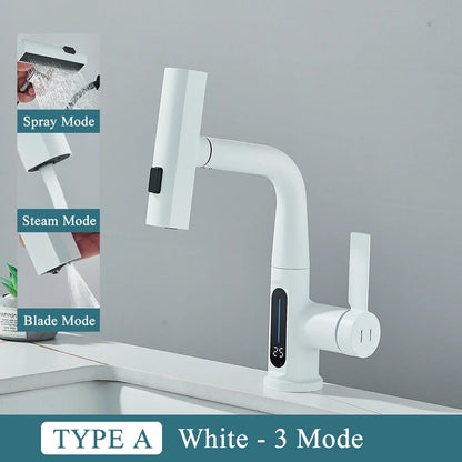 Waterfall Temperature Digital Display Basin Faucet Lift Up Down Stream Sprayer Hot Cold Water Sink Mixer Wash Tap For Bathroom