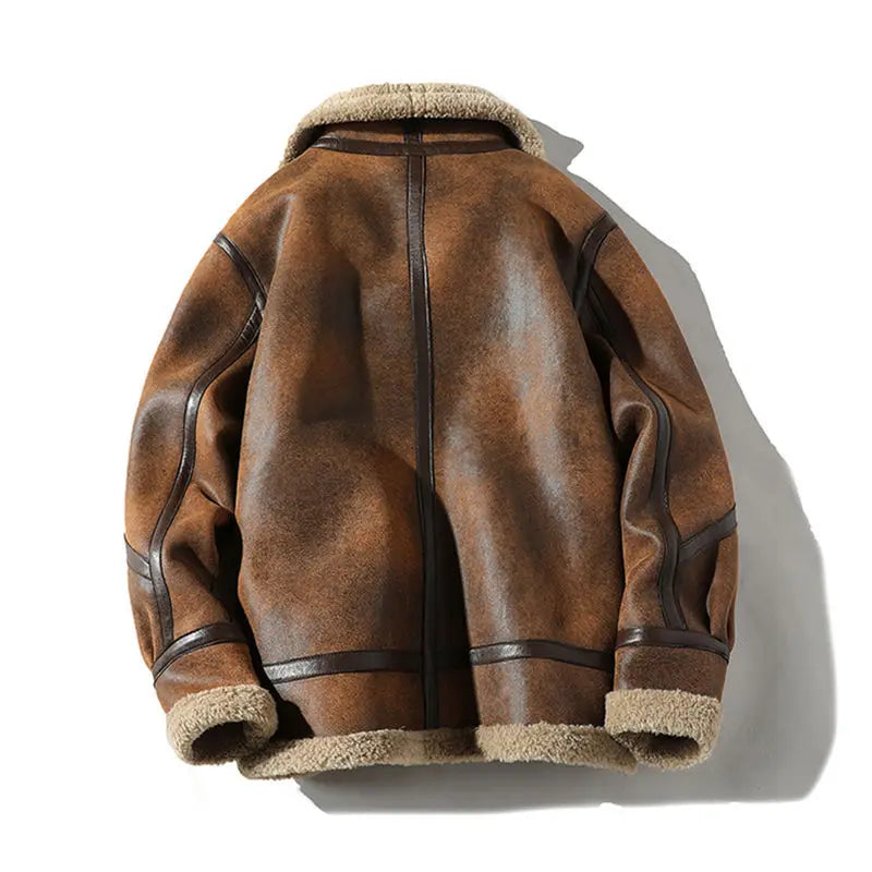 Mens Retro Suede Lambhair Jacket Thick Winter Fur Large Size Motorcycle Leather Coat Trendy.