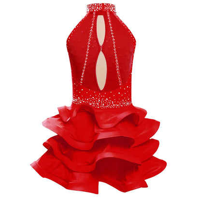 Eiskunstlauf-Kostüm für Teenager-Mädchen, lateinamerikanischer Tanz, Cha-Cha, Tango, Performance-Tanzbekleidung, ärmelloses, gestuftes Kleid mit Strasssteinen