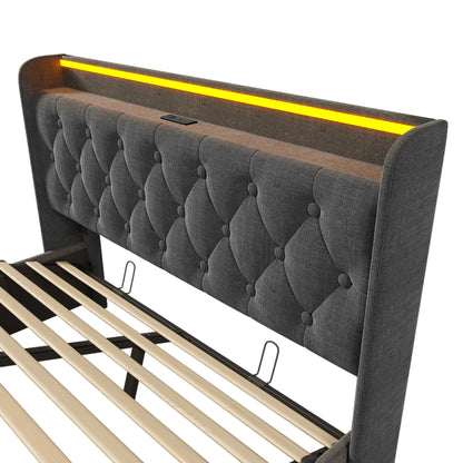 KOMHTOM Hydraulisches Lagerbett, Leinen, 360-Surround-LED-Funktion, mit USB Typ-C Ladefunktion, ohne Matratze