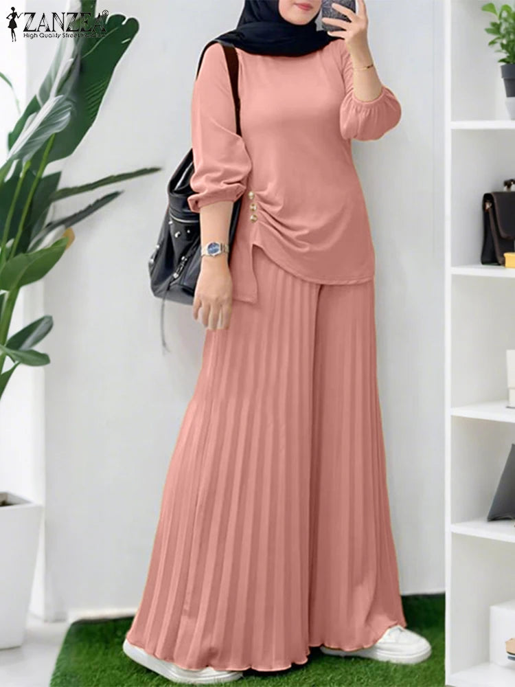 ZANZEA Muslim Women 2 Pieces Pant Sets Hijabis Casual Asymmetric Hem Long Sleeve Blouses & Pleated Pants 2pcs Suits Outfits.