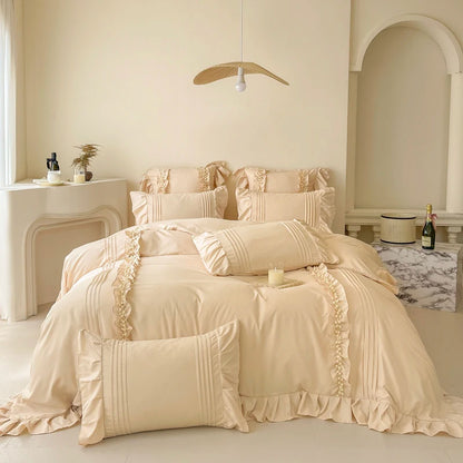 Korean Princess Style Lace Ruffles Bedding Set Solid Color Duvet Cover Set Flat/Fitted Bed Sheet Pillowcases With Pillowcases.