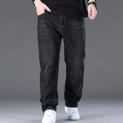 Große Größe Herren Jeans High Stretch Denim Stoff Große Größe Hosen für 45-150 kg Jeans Hombre Jeans mit weitem Bein Pantalon Homme