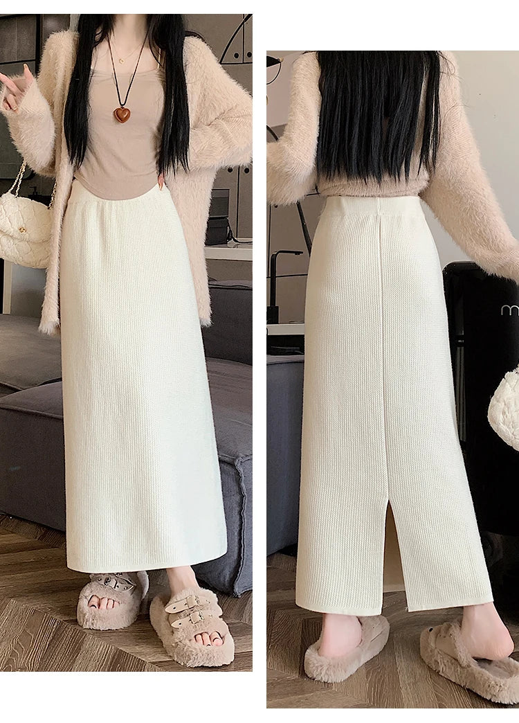 2025 New Thick Knit Midi Skirt High Waisted Straight Hem Bodycon Pencil Skirts for Petite Women Cozy Fall Winter Fashion.