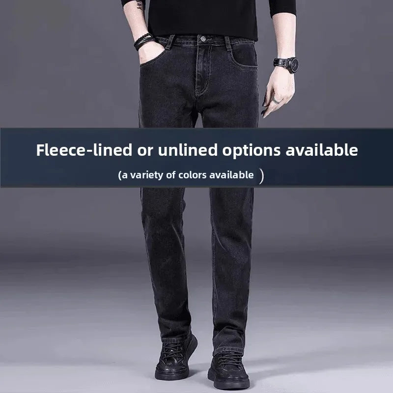 High-End Men's Fleece-Lined Thick Stretchy Straight Leg Jeans 2025 New Style Loose Fit Smoke Grey Trousers for Men.