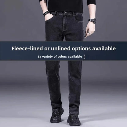 High-End Men's Fleece-Lined Thick Stretchy Straight Leg Jeans 2025 New Style Loose Fit Smoke Grey Trousers for Men.