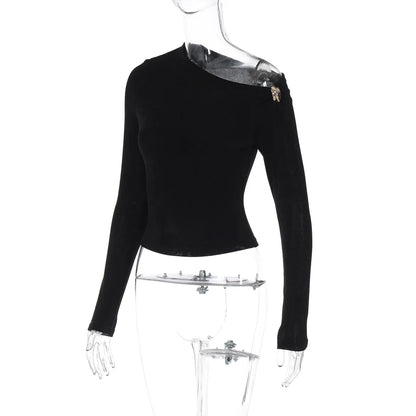 Cryptographic Autumn Casual Basic Asymmetrical Top Women Elegant Solid Long Sleeve Pullovers Black Top Y2K Slim Vintage Clothes.