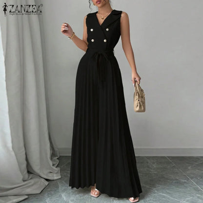 Fashion Women Jumpsuits 2025 ZANZEA Summer Rompers Elegant Wide Leg Work OL Overalls V Neck Sleeveless Pleated Playsuit Trousers.