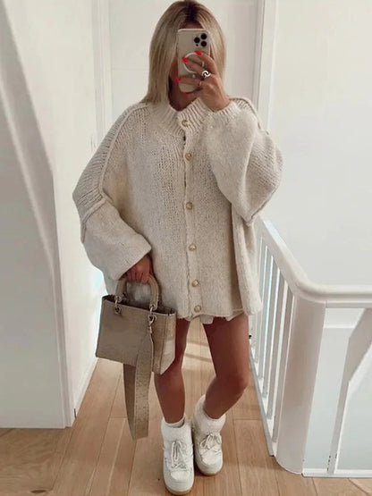 TRAF Women's Bat Sleeve Cardigan Sweater Temperament Lapel Metal Button Decoration Fashion Jacket Casual Commuter Women's Tops.