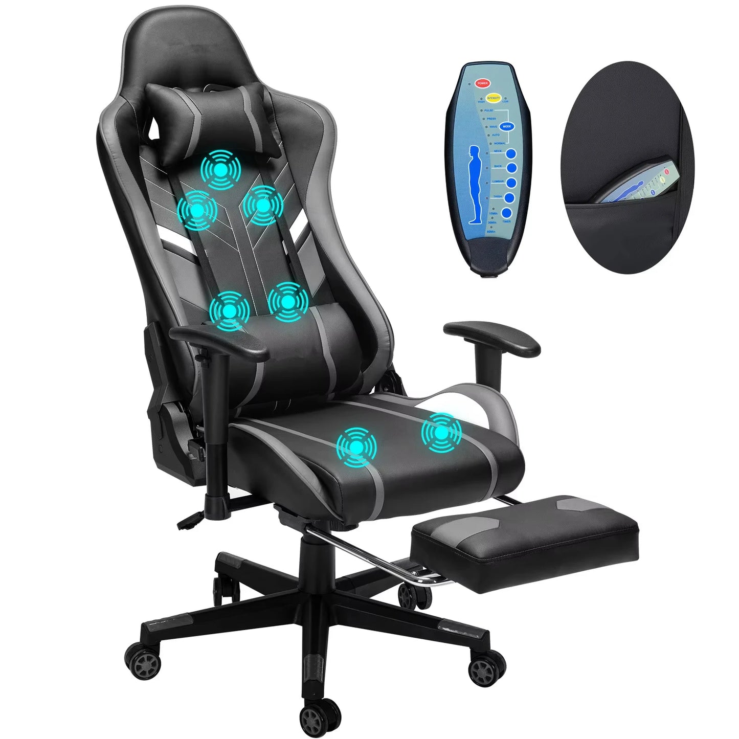 Massage-Gaming-Stuhl, 7-Punkt-Sitzhöhe, ergonomischer Bürostuhl mit Fußstütze und Lordosenstütze, GC-RC03 Stühle
