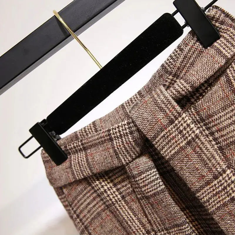Khaki Plaid Vintage A-line High Waist Lace Up Buttons Loose Women's Skirt Mid-Calf Long Skirts For Women Clothing Fashion 2024.
