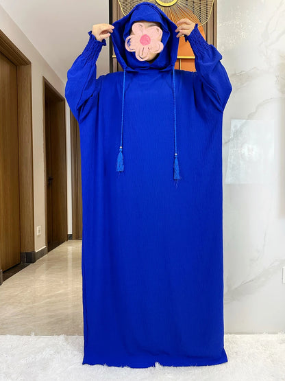 Muslim Abaya Solid Cotton Pullover Two Hat Women Eid Hooded Long Maxi Dress Turkey Kaftan Arab Robe Islamic Hijab Dubai Clothing