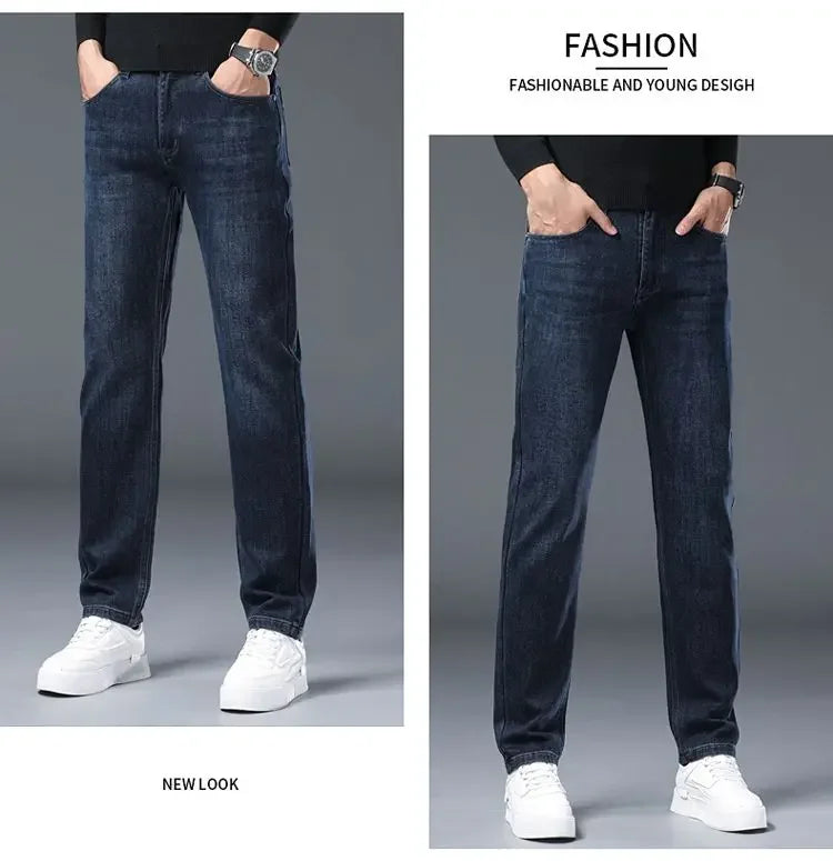 2025 New Stretch Jeans Men's Regular Classic Business Slim Trousers Black Blue Straight Male Y2K Brand Clothing Pants Size 29-40.