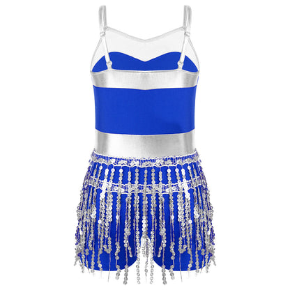 Kinder Mädchen Latin Tanz Kostüm Jazz Samba Cha-Cha Eiskunstlauf Trikot Kleid glänzende Pailletten Quaste Bodysuit für Bühnen performance.