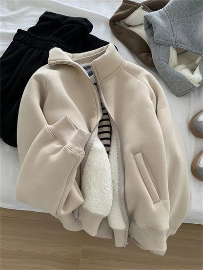 Women Autumn Winter Sweatshirt Coat Zip Up Solid Long Sleeve Stand Neck Jacket Lady Fashion Casual Street Vintage Coats Outwear.