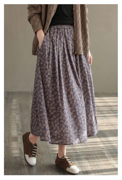 Women Casual Skirts New Arrival 2023 Autumn Vintage Style Floral Print Loose Comfortable Ladies Elegant A-line Long Skirt D536.