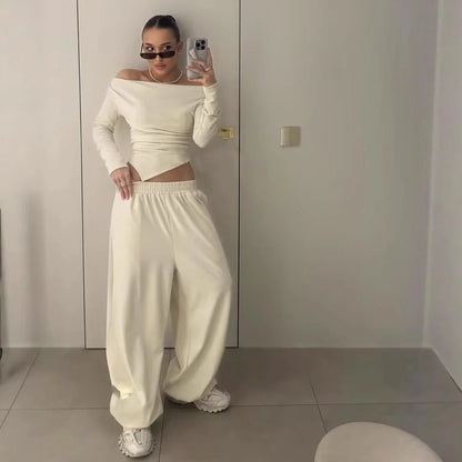 Autumn Winter Casual Pant Sets for Women Sexy Off The Shoulder Top and Long Pant Outfits Fashion Irregular Two Piece Set 2025.