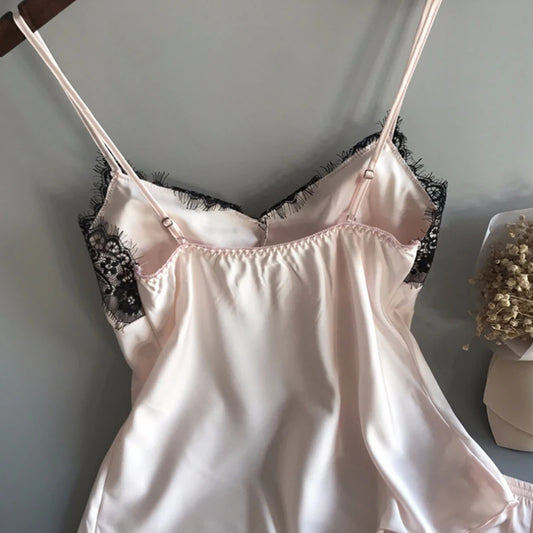 Frauen Pyjama Anzug Mode V-ausschnitt Stretch Satin Babydoll Spitze Sexy Dessous Bowknot Pyjamas Schlaf Shorts Set Nachtwäsche Neue