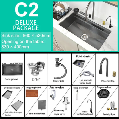 Stainless Steel Kitchen Sink Waterfall Outlet Faucet Multifunctional Large Single Slot Convenient Dishwashing and Vegetable Sink